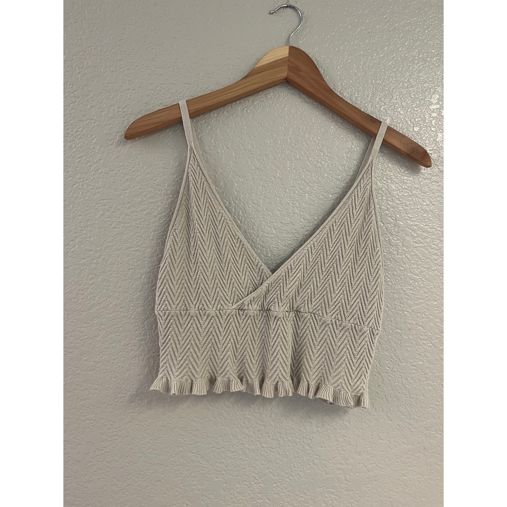 Intimately Free People Chevron Knit Ruffle Crop Top Beige Oatmeal Size M